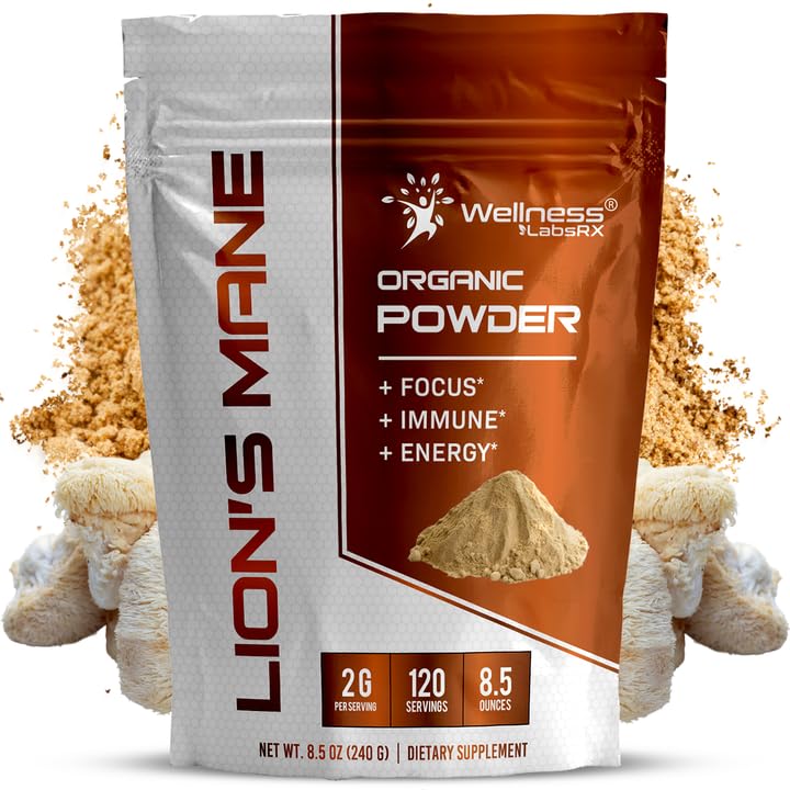 WELLNESS LABSRX Lions Mane Powder, Mushroom Suplemen - 2000mg - Lions Mane Suplemen - Lion Mane Mushroom Powder Brain Suplemen untuk Memori dan Fokus, Imune Dukungan dan Kesehatan