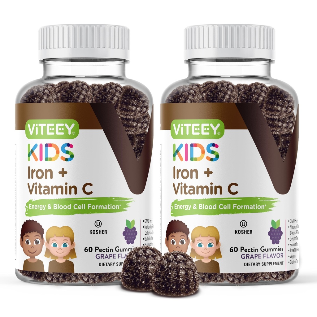 Besi VITEEY untuk Anak-anak dengan Vitamin C - Mendukung Energi, Formulasi Sel Darah, Penyedia Anak Pembangun Darah Suplemen Besi - Vegan, Gelatin Bebas, Gluten Bebas - Tasty Chewable Grape Flavored Gummy