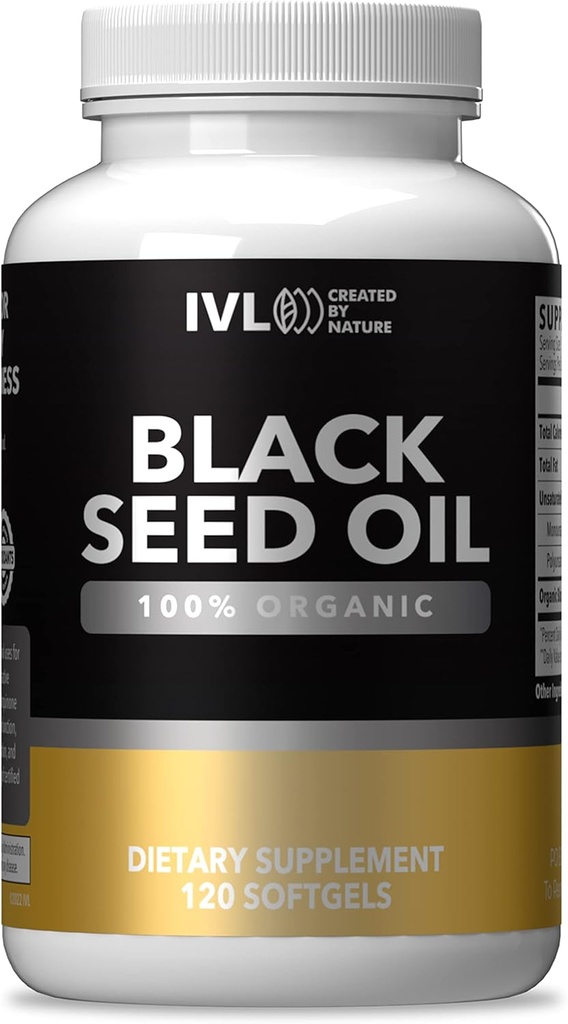 IVL - Minyak Benih Hitam Organik - 120 Softgel Capsules - (1000mg per Serving) - Murni Dingin Menekan Nigella Sativa Benih Minyak - Omega 3 6, Antioxidants, Thymoquinone - Katup Cairan Benih Hitam