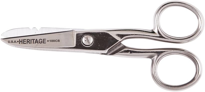 Klein Tools G100CS Gunsor, Made in USA, Electrician Gunting with Stripping Notches and Serrated Blade, 5-1 / 4- Inch
