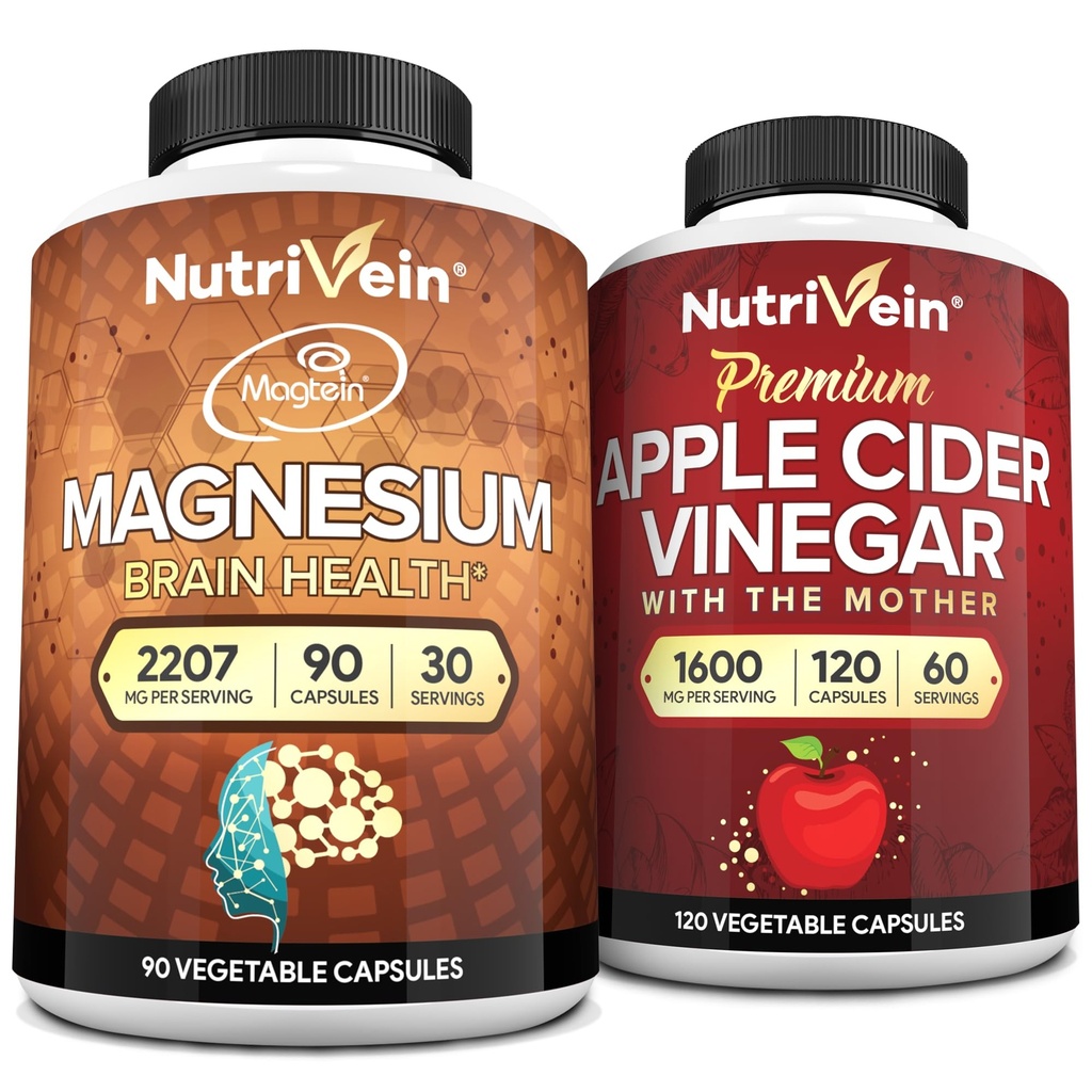 Nutrivein Premium Apple Cider Vinegar Capsules & Magnesium L- Threonate Bundle: Upll-Absorchetic Magnesium Suplement dan Apple Cider Vinegar Suplemen untuk Brain, Gut, & Overall Well-Being