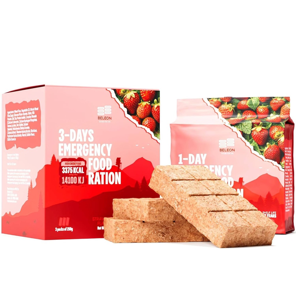 Suplai Makanan Darurat 3-hari 72 jam Strawberry Biscuit Bars MRE Meals Militer 2024 Survival Kit - 20 Tahun Shelf Life Camping Hiking Supplies
