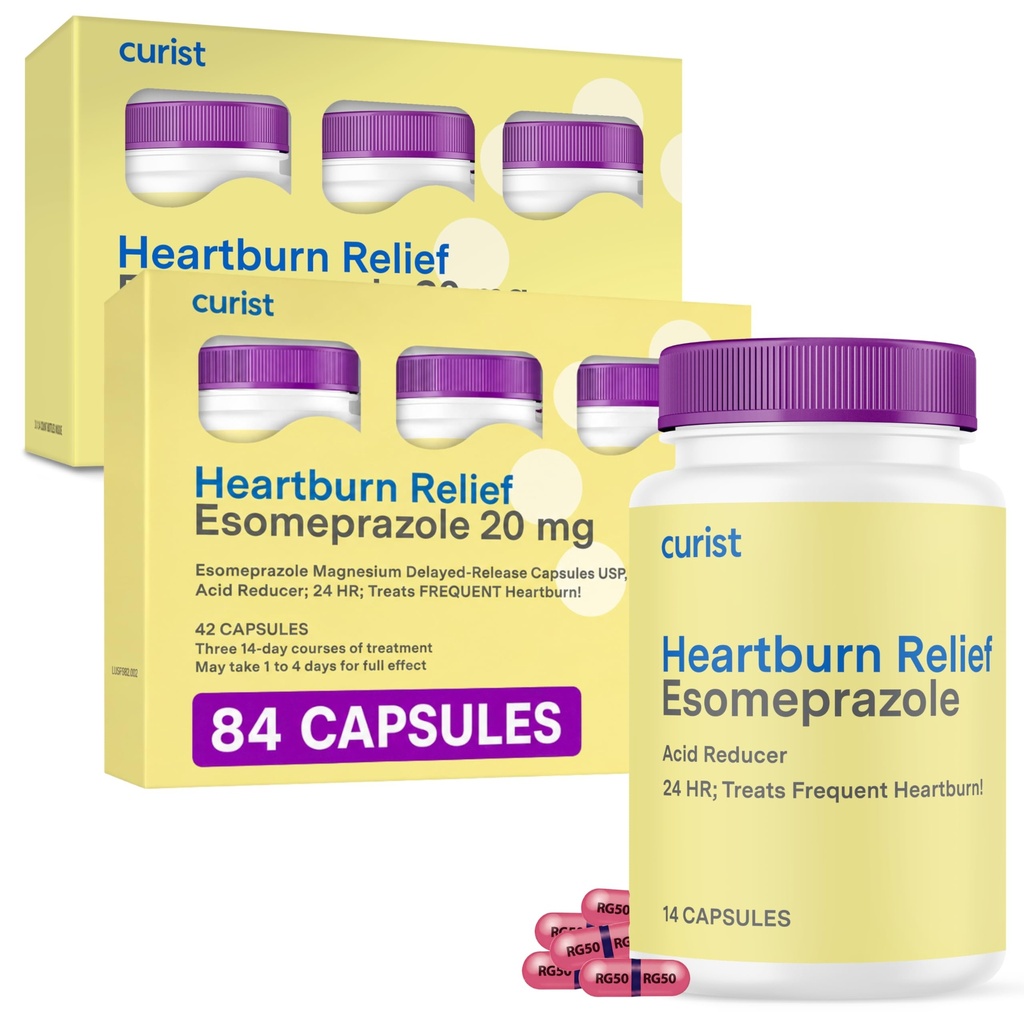 Curist Esomeprazole 20mg Capsules Delayed84 Count - Acid Reflux Medicine for Heartburn Relief - Two Packs of 42 Count Capsules (84 Total) - Acid Reflux Reflux Relief
