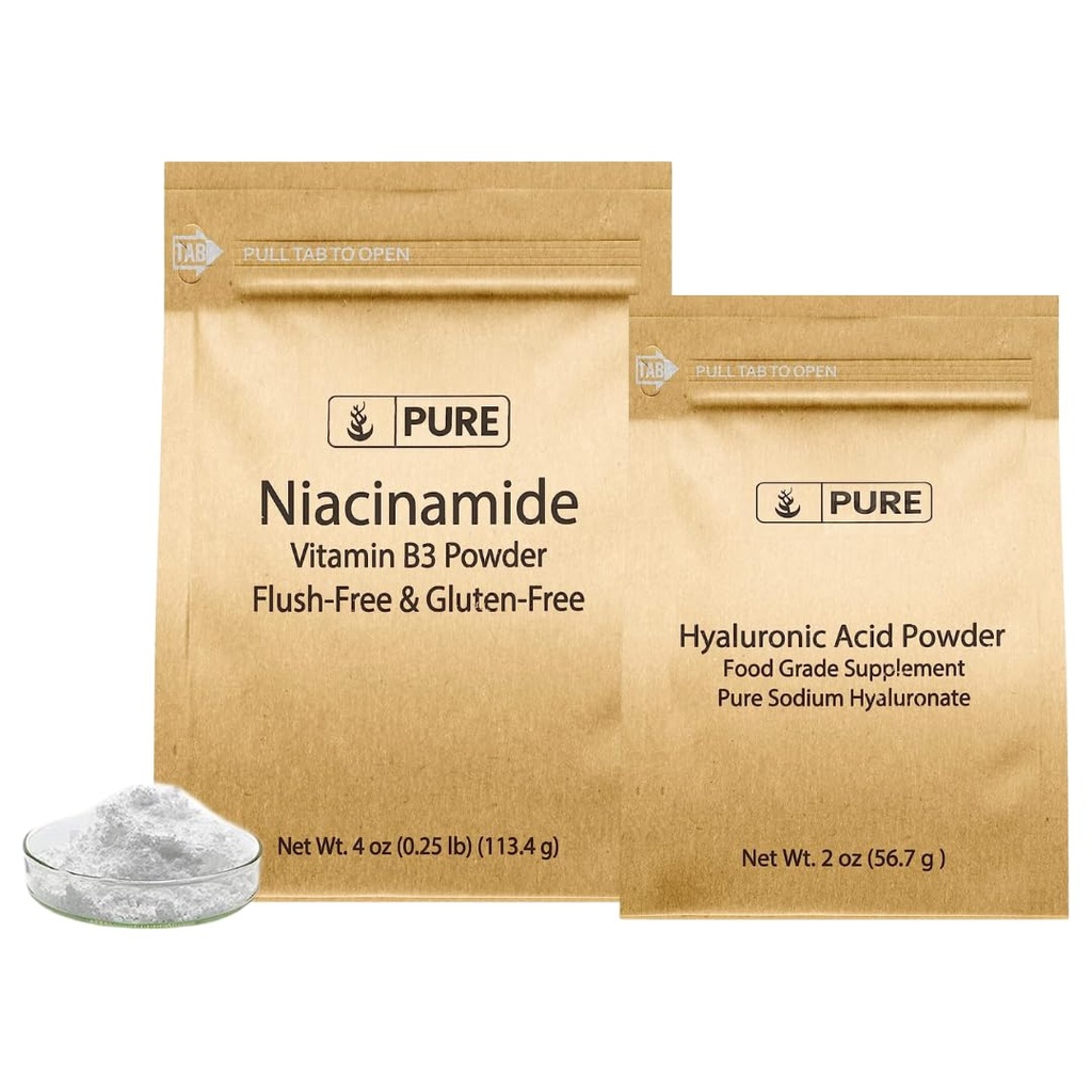 PURE ORIGINAL INGREDIENTS Acid Hyaluronic dan Niacinamide Bundle, Berbagai Sizes, Flush-Bebas, Powder Fine