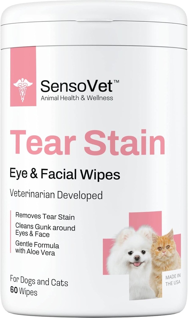 Tear Stain Remover Eye Wipes for Dogs & Cats, Cleans Eye Boogers and Gunk Discharge, Facal Cleansing with Aloe Vera (Fragrance Free)
