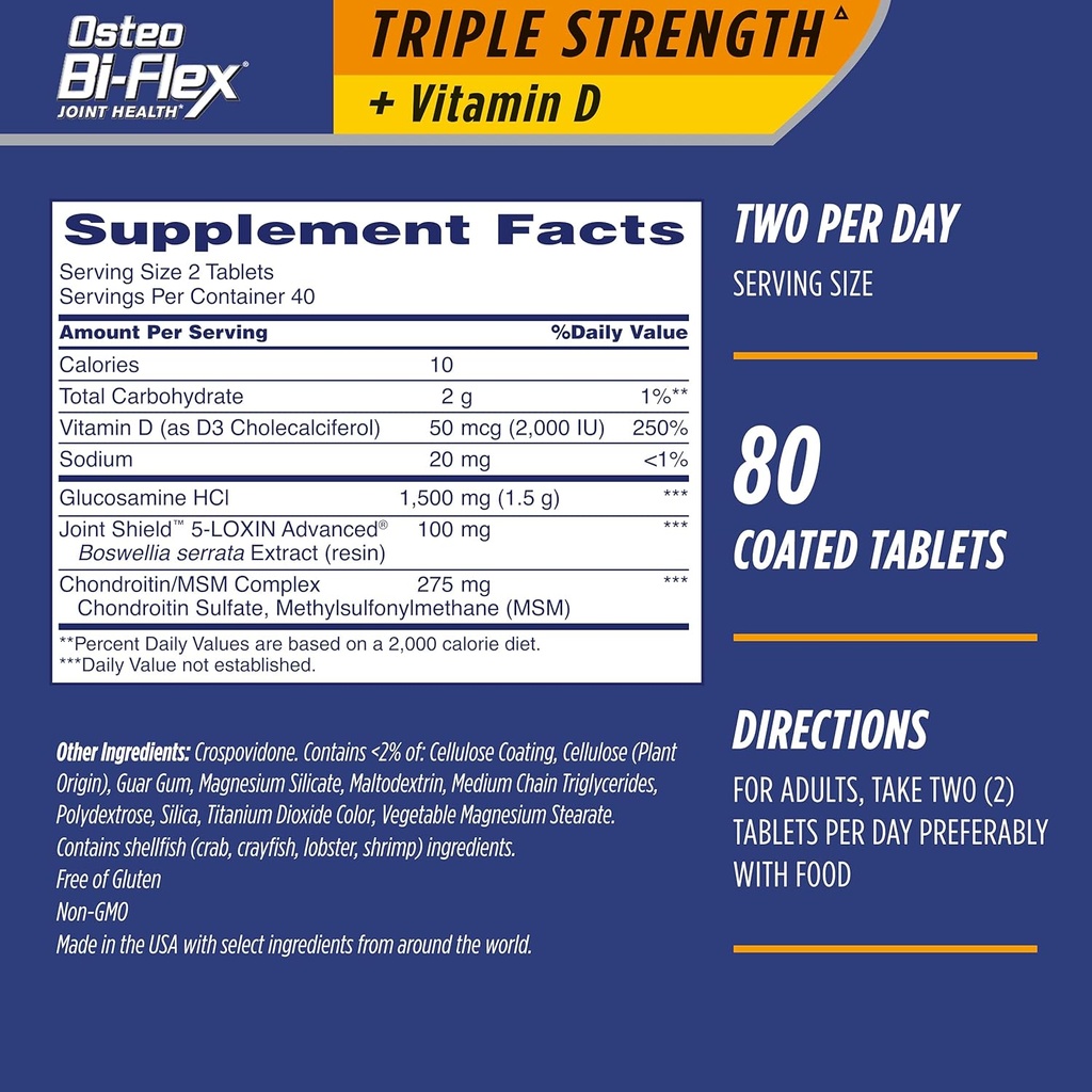Osteo Bi- Flex Triple Kekuatan (5) dengan Vitamin D Glucosamin Chondroitin Joint Health Sualth Supplemen, Tablets Coated, 80 Cacah (Paket 2)