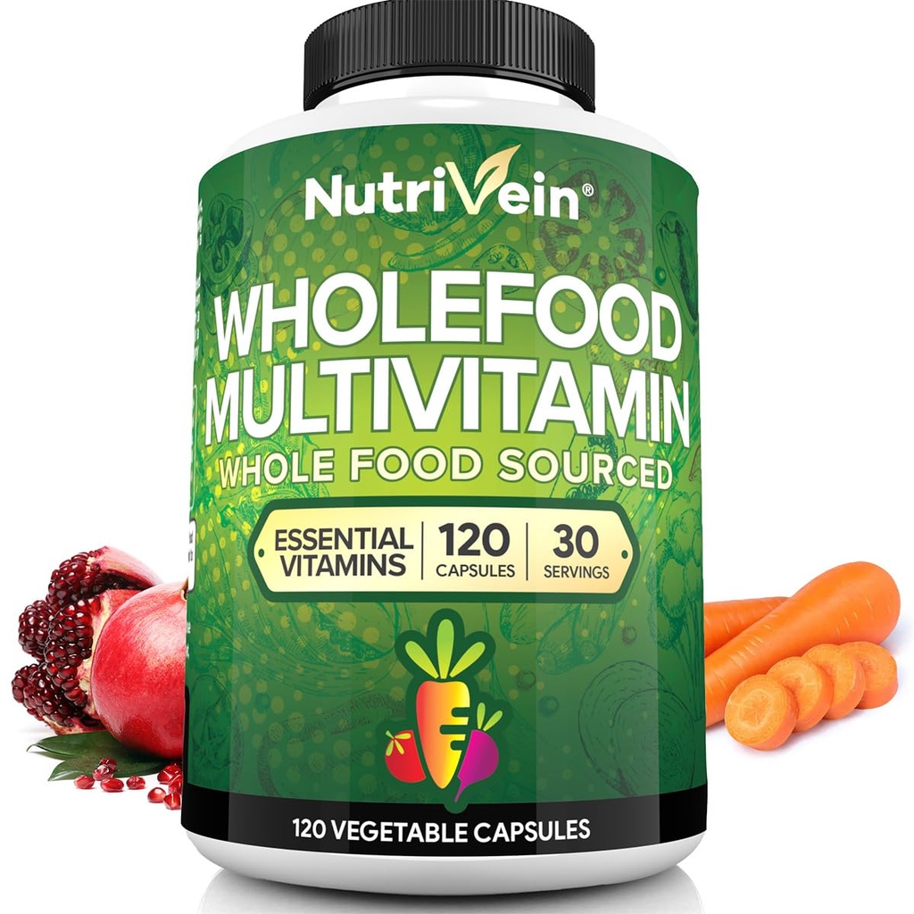Nutrivein Whole Food Multivitamin for Men & Women - 120 Vegan Multivitamin Caps for Dewata - Daily Energy, Imune & Heart Support - Raw Buah & Veggie Blend + B Vitamin - Not Intended for Kids