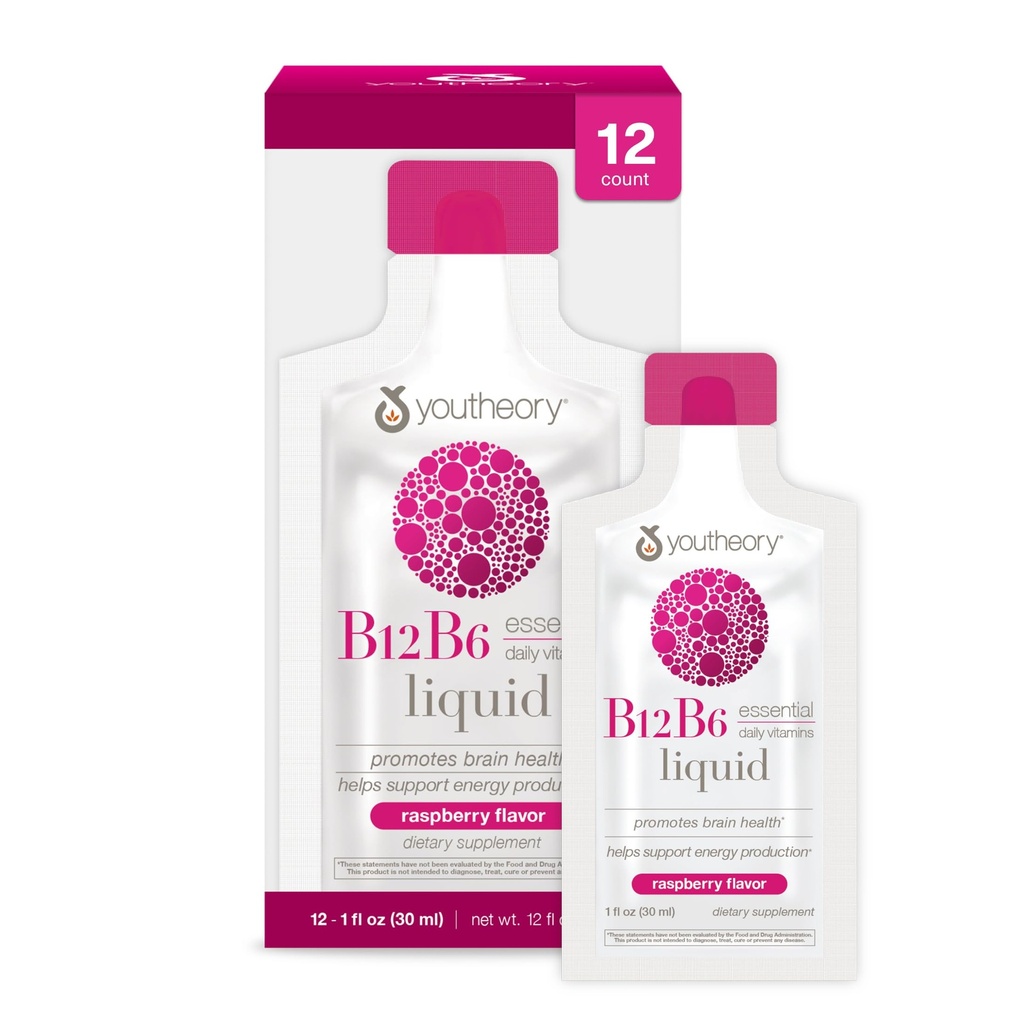 Youtheory Vitamin B12 B6, Daily Energy and Brain Supplement, Raspberry Flavor, 12 - 1oz Single Serving Packet