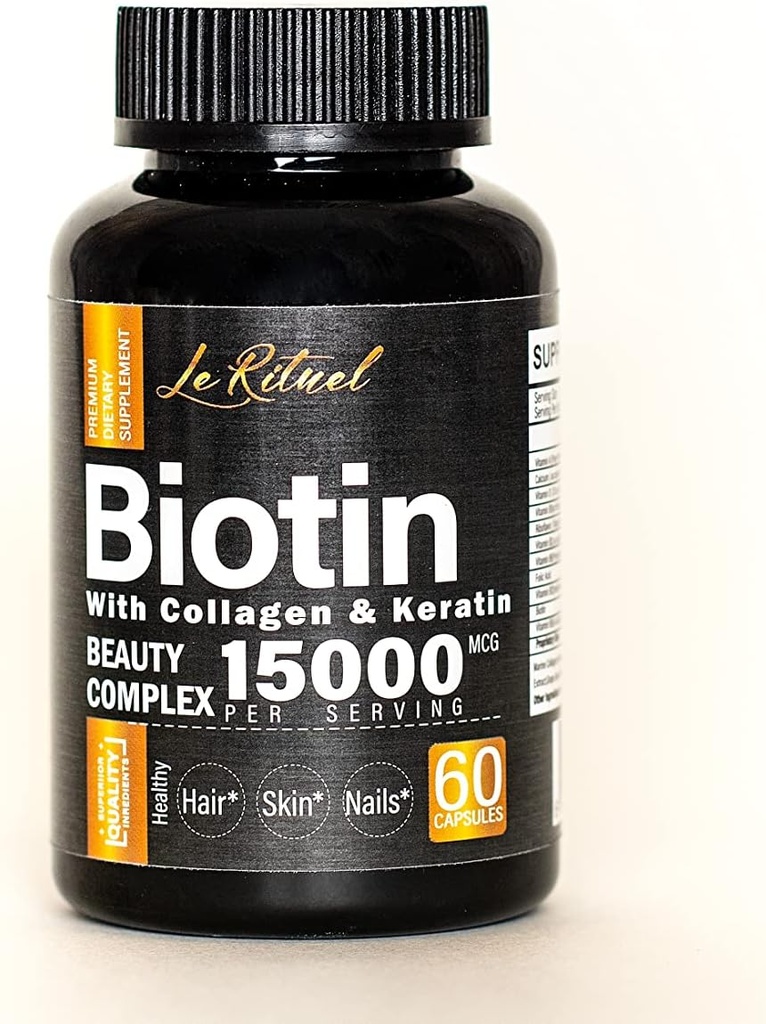 Biotin Vitamin dengan Collagen & Keratin - Perkembangan Rambut untuk Perempuan & Pria - 15000 mcg Pil - Vitamin A, D, B1, B2, B3, B5, B6, B12 Kompleks - Sehat Vegan Kapsul - 60 Count