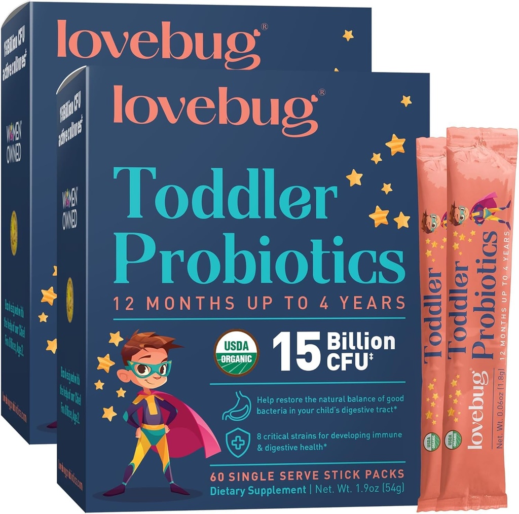 LoVEBUG kids Probiotic Powder with Prebiotic Fiber - Toddler Immunity Relief & Constipation - USDA Organic Progories for Chidrens Gut & Digetical Health (Ages 1-4) - 60 Pack (Unflashmed)