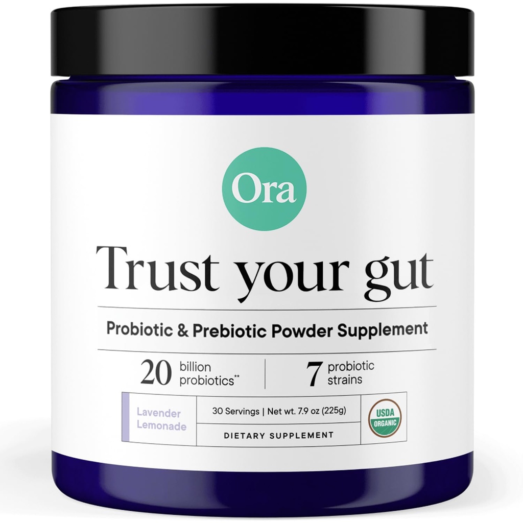 Ora Organik Prebiotik dan Powder Probider Tambahan - 20 Milyar Progories, 7 Strains for Best Prebiotic Pounder, Non-GMO, Progories for Women, Men & Kids - Lavender Lemonade Flavor, 30 Servis