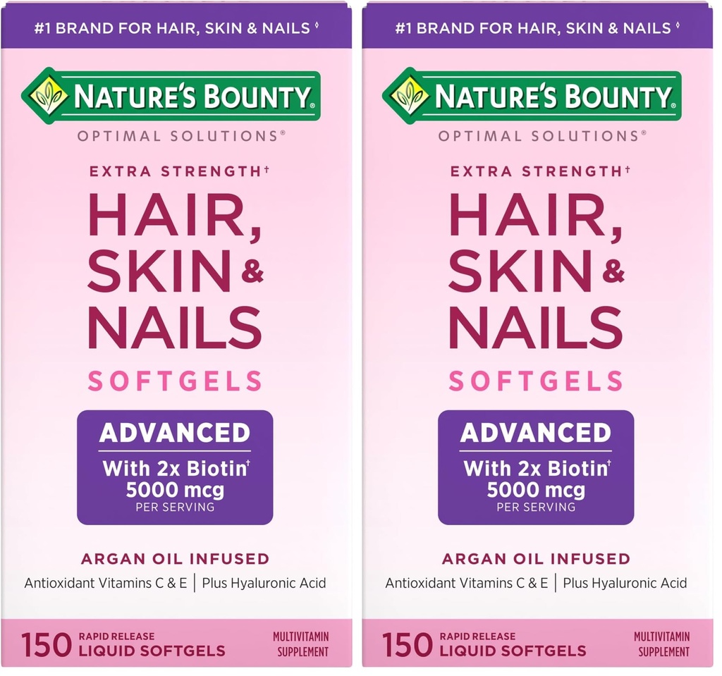 Nature 's Bounty Advanced Hair, Skin & Nails, Argan- Infused Vitamin Suplement with Biotin and Hyaluronic Acid, 150 Rapid Rapid Rilis Softgels (Paket 2)