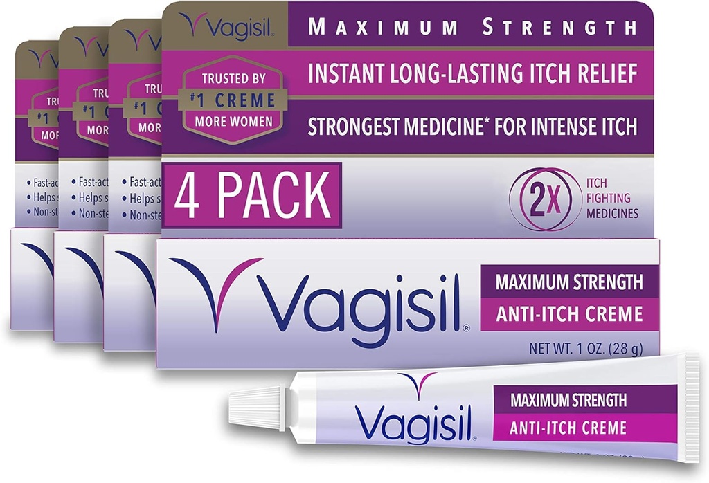 Vagisil Maximum Power Feminine Anti- Itch Cream dengan Benzocaine for Women, Helling Relieve Yeast Infection Irritation, Gynecologist Test, Fast- act, Soothes and Cools Skin, 1 oz (Pack of 4)