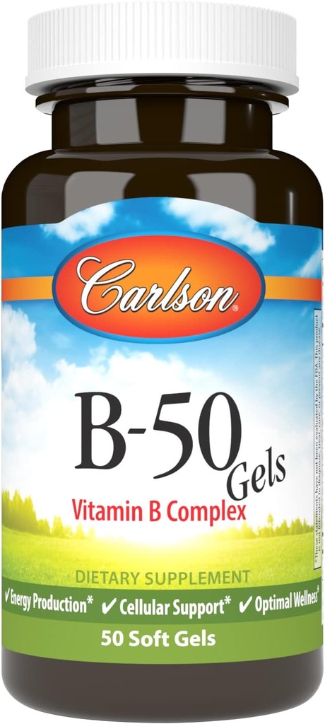 Carlson - B50 Gels, Vitamin B Kompleks, Produksi Energi, Dukungan Sel & Optimal Wellness, 50 Softgels