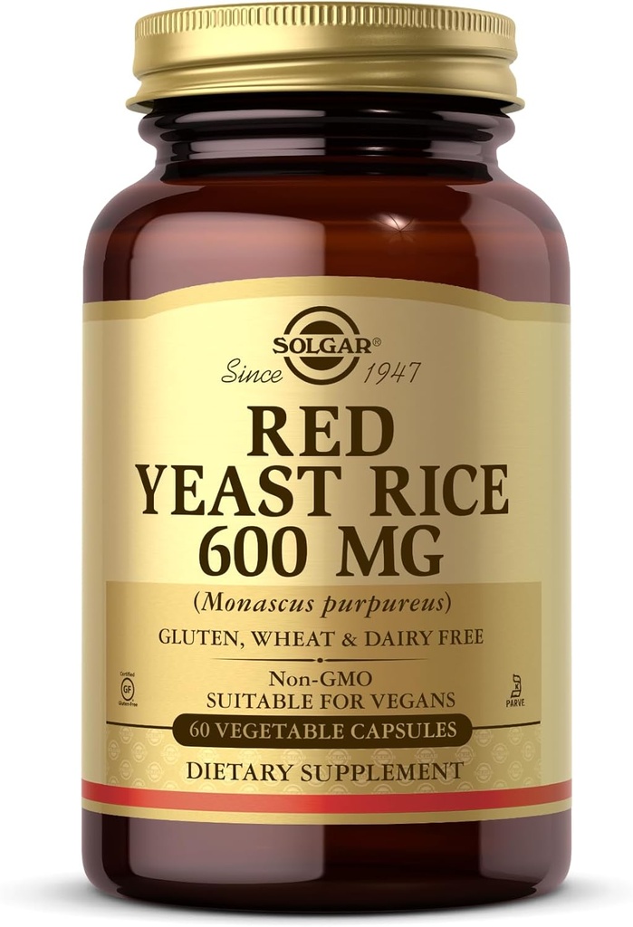 Solgar Red Yeast Rice 600 mg - 60 Vegetable Capsules - Non-GMO, Vegan, Gluten Free, Dairy Free, Kosher - 30 pelayan