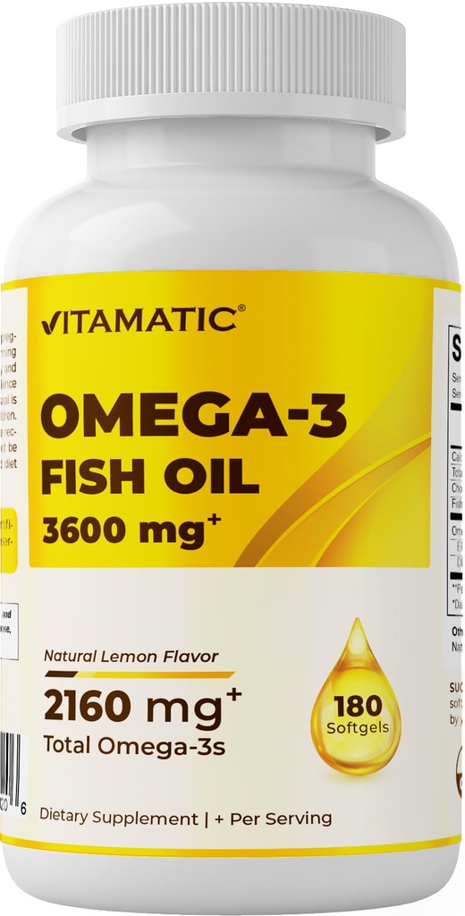 Vitamatic Triple Power Omega 3 Fish Oil 3600mg Per Serving, 2160mg Omega 3 Fatty Acids, 1296mg EPA + 864mg DHA, Burpless Lemon Flavor, 180 Softgels