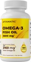 Vitamatic Triple Power Omega 3 Fish Oil 3600mg Per Serving, 2160mg Omega 3 Fatty Acids, 1296mg EPA + 864mg DHA, Burpless Lemon Flavor, 180 Softgels
