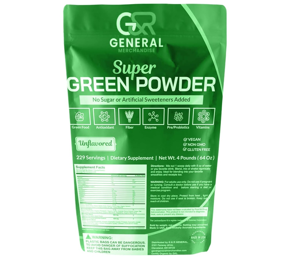Super Greens Powder Superfood Organic, 229 Service Digetical Enzymes, Progories & Vitamin Vegetable (Wheatgrass, Spirulina & more), Fruits, 4 Pounds (64oz).