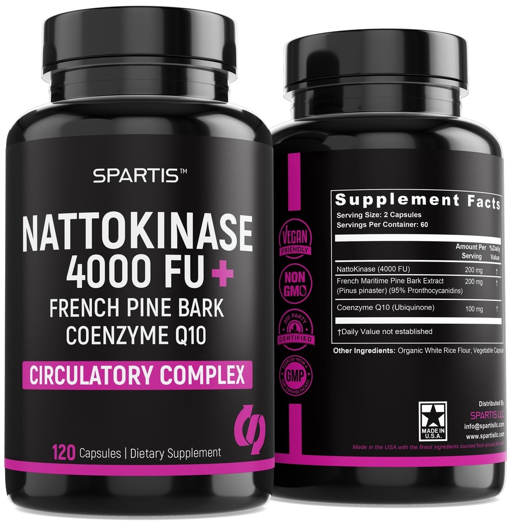 Tambahan Nattokinase 4000 FU CoQ10 100mg French Maritim Pine Bark Extract 200mg dengan Enzymes for Circulation & Cardiovascular Support (Paket 1 at 120- Caps)