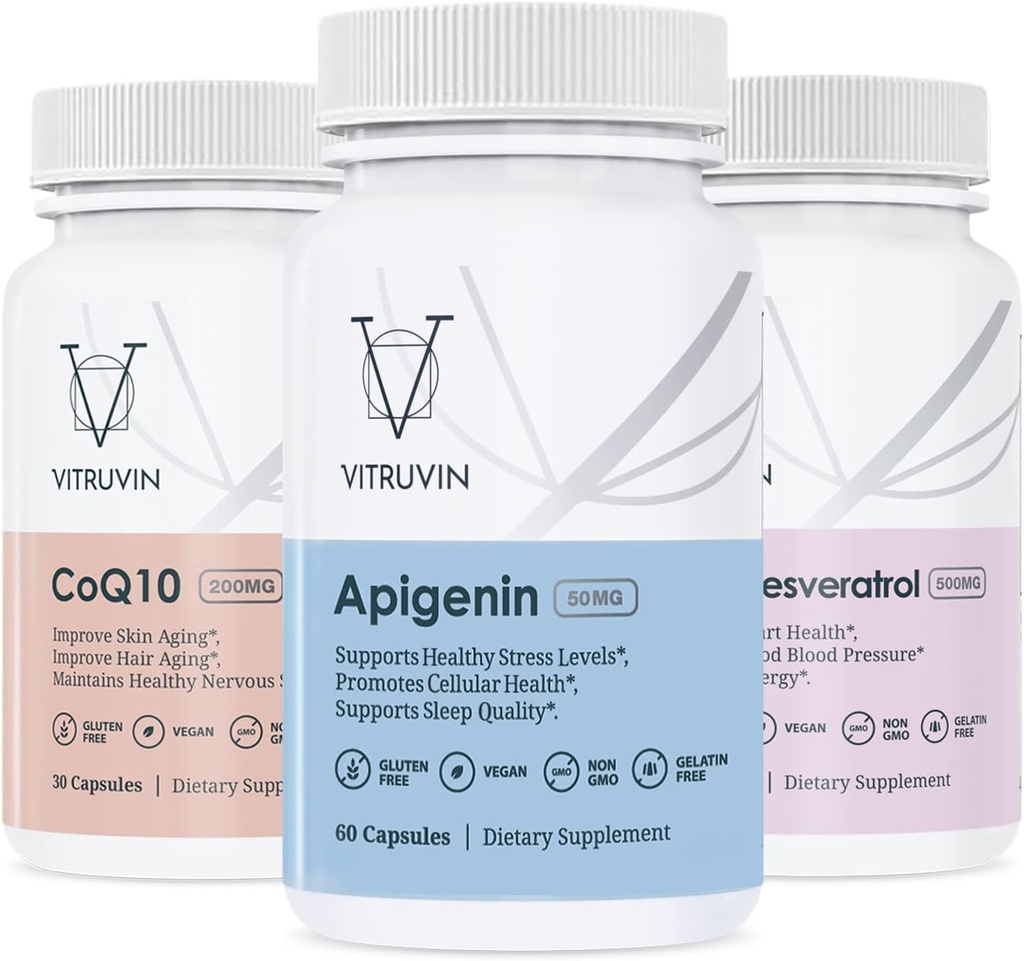 Vitruvin Sport Recovery (Apigenin 2 x 50mg, COQ10 200mg, Resveratrol 500mg) Vegan, Non-GMO, Gluten- Free, Gelatin-Free.