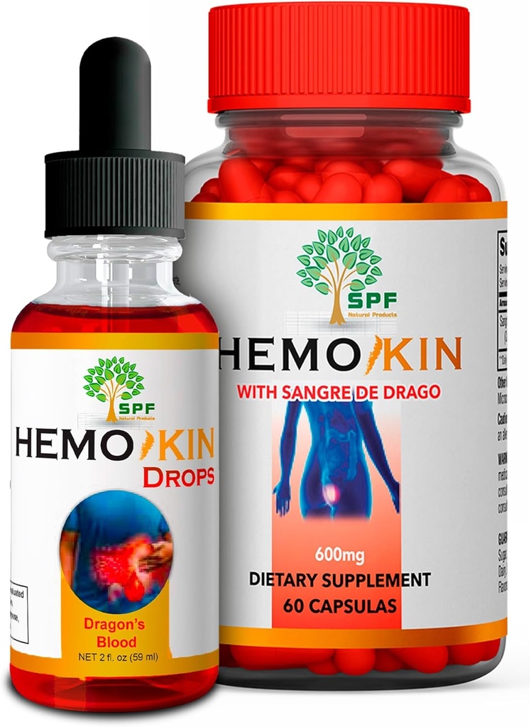 HEMMOKIN Capsules & SPF HEMOKIN Drops with Sangre de Drago 124; Heemperhoid, Fissure & Wound Relief, 124; Reduces Itching, Swelling, Pain 124; Digetical Healing Support lever 124; 60 Caps + 2 Oz