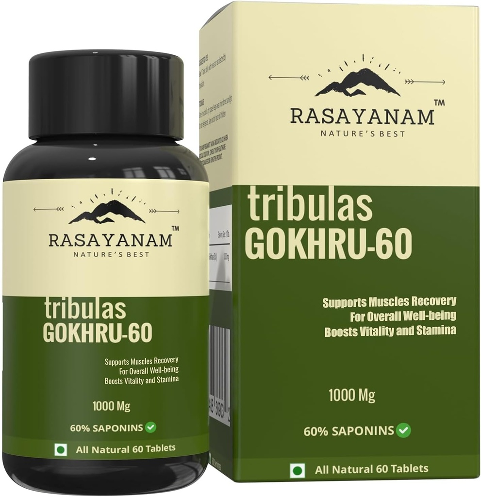 Tribulas Gokhru-60 Gokshura Tablet 1000mg 124; Ultra Tinggi berkonsentrasi 60% Saponins 124; Memperkuat Vigour 124; Tribulus Terrestris 124; untuk Kedua Pria & Perempuan (60 Tablet) (1)