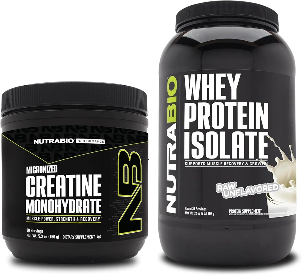 NutraBio Creatine Monohydrate, Unfeatored, 150g and Whey Protein Issolate, Unflashted, Supplement Bundle - Muscle Energy, Lean Muscle Growth, Recovery, and Power