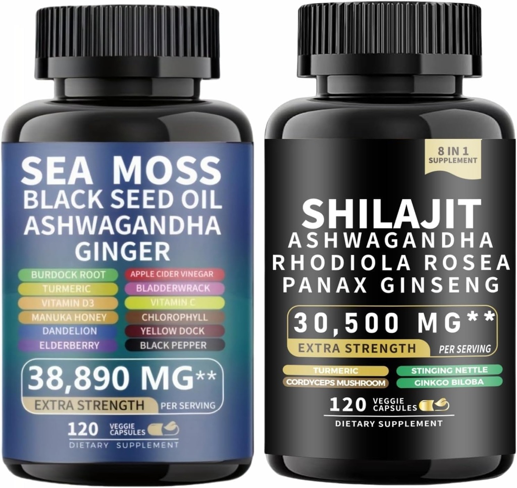 Sea Moss and shilajit Sea Moss Black Seed Oil Ashwagandha Ginger & shilajit rhodiola rosea panax Ginseng (120 Count (Pack of 2)