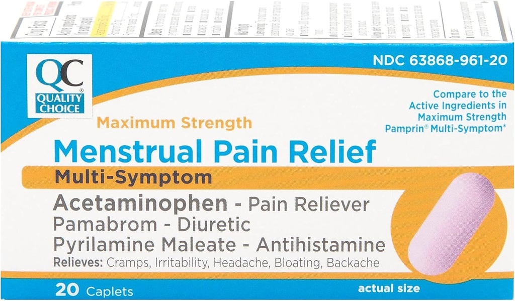 Pilihan Kualitas Maksimal Kekuatan Mentrual Pain Relief, Multi Symptom Pain Relief Caplets, Cramps, Headache, Bloating, Bacache & Irritability, 20 Count Packet