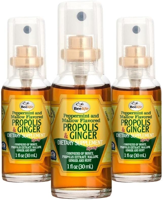 Beelife Propolis Throat Spray- Sooting Honey & Ginger Propolis Spray-- Natural Ammune Support & Bee Propolis Extract-Antioxidants, Rich in Flavonoid & Artepilin, No Sugar, Gluten- Free-3-Pack, 90ml