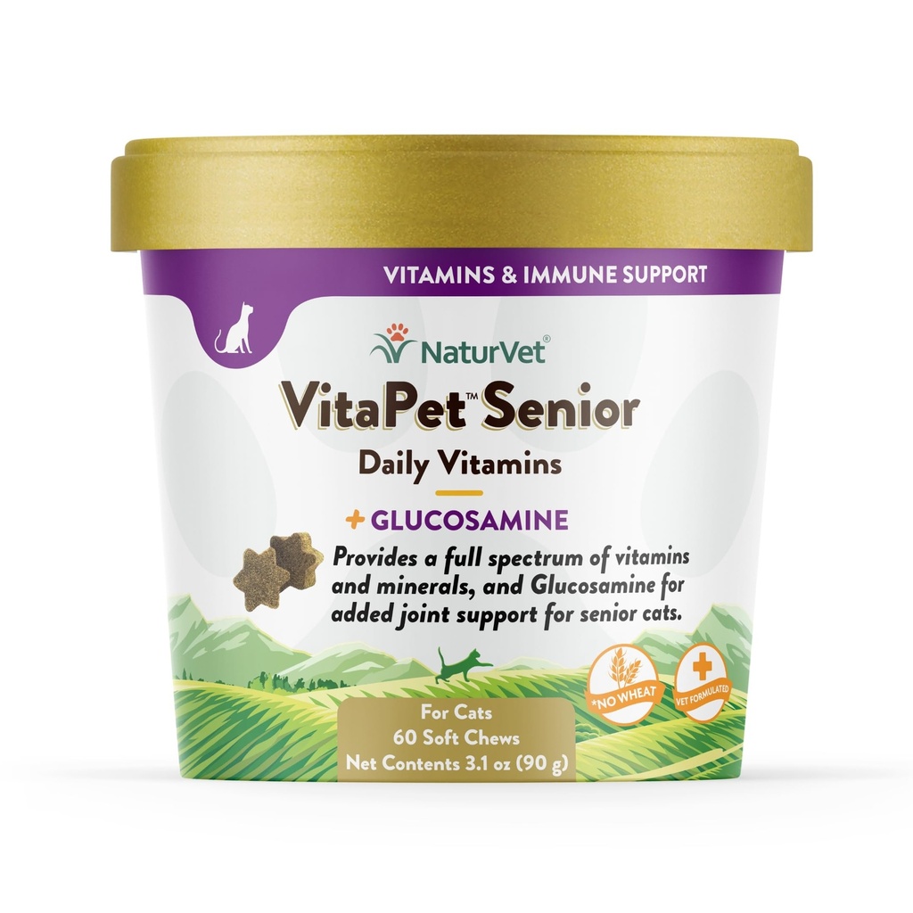 Vitamin Senior Vitamin VanaPet Daily Vitamin untuk Kucing Plus Glucosamin, khususnya Formulated untuk Menyediakan Mineral, 90 g, 60 Count