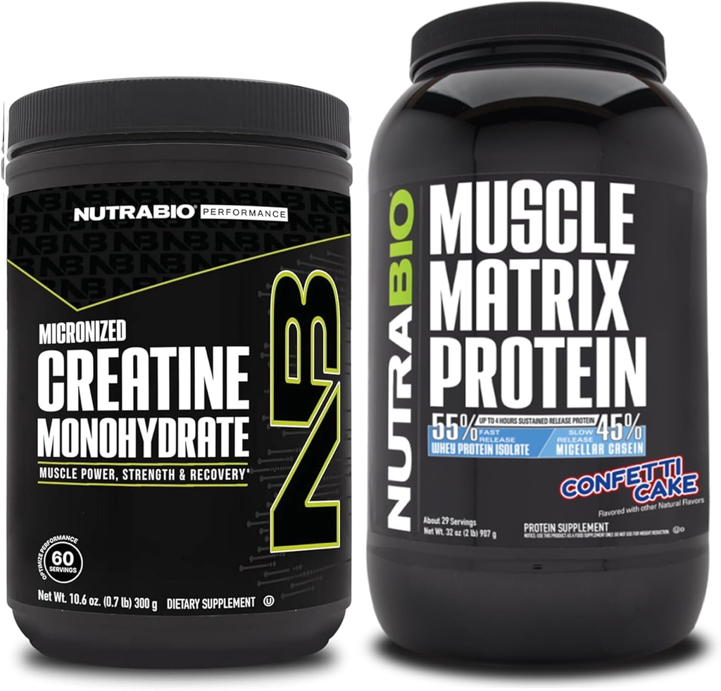NutraBio Creatine Monohydrate, Unflashted, (300 g) dan Muscle Matrix Protein Powder, (Confetti Cake) Pasokan Bundle - Muscle Energy, Maximum Growth, Recovery, and Power