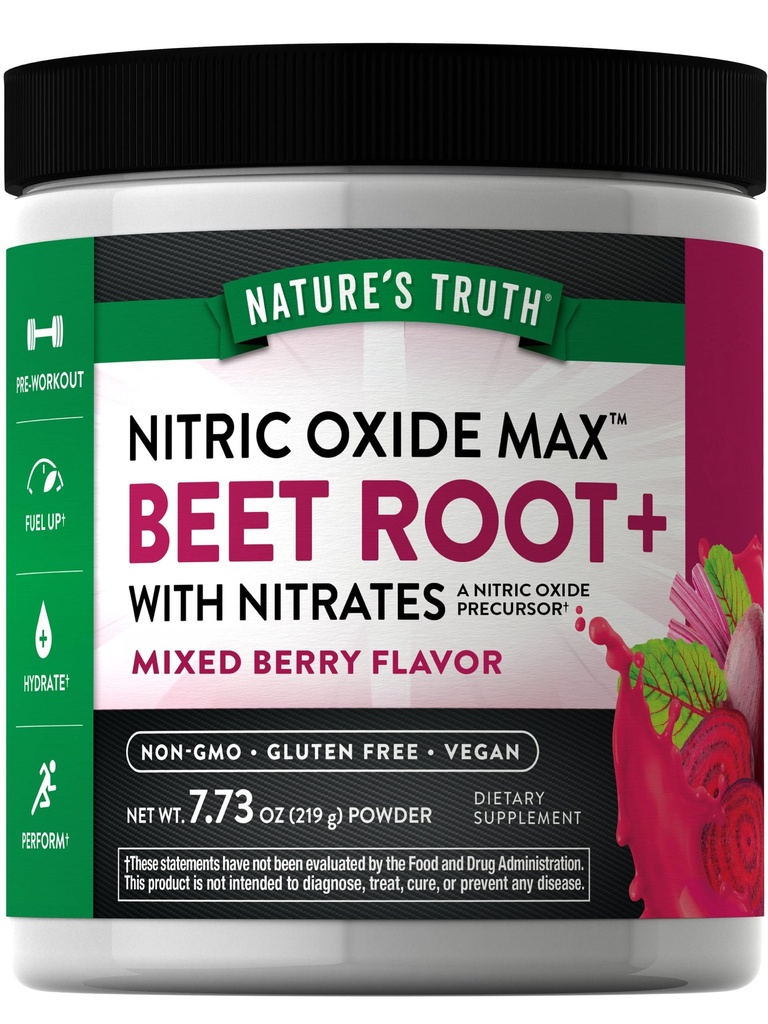 Nature 's Truth Beet Powder 174; 7.73 oz 124; Nitric Oxide Suplement for Men and Women 4; Vegan, Non-GMO & Gluten Free Pre-Workout 124; Mixed Berry Flavor