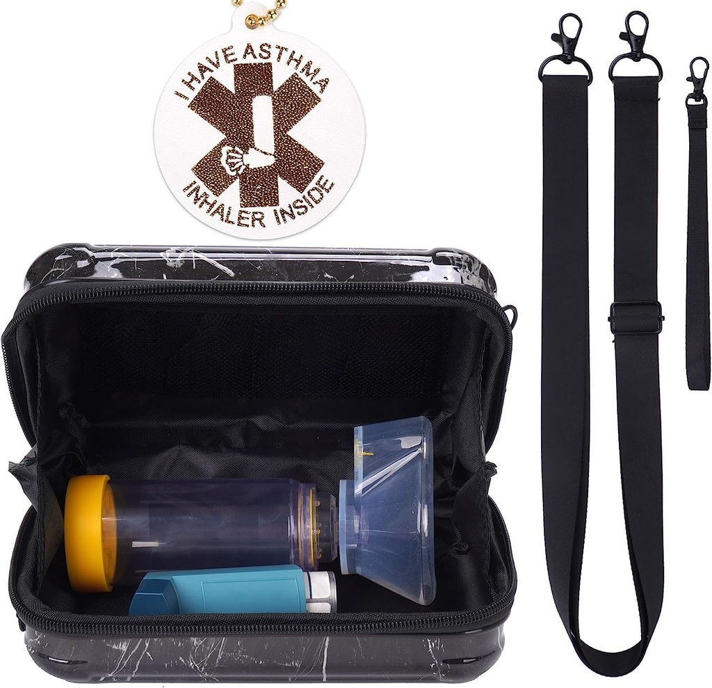 Kasus Perjalanan MGZNMTY Membawa Kasus untuk Asma Inhaler, Inhaler Spacer untuk Anak-anak dan Dewasa, Masks, Hoder Bag dengan Shoulder Crossbody Rope dan Mesh Pocket for Medicine (Hanya Kasus) (Black Marble)