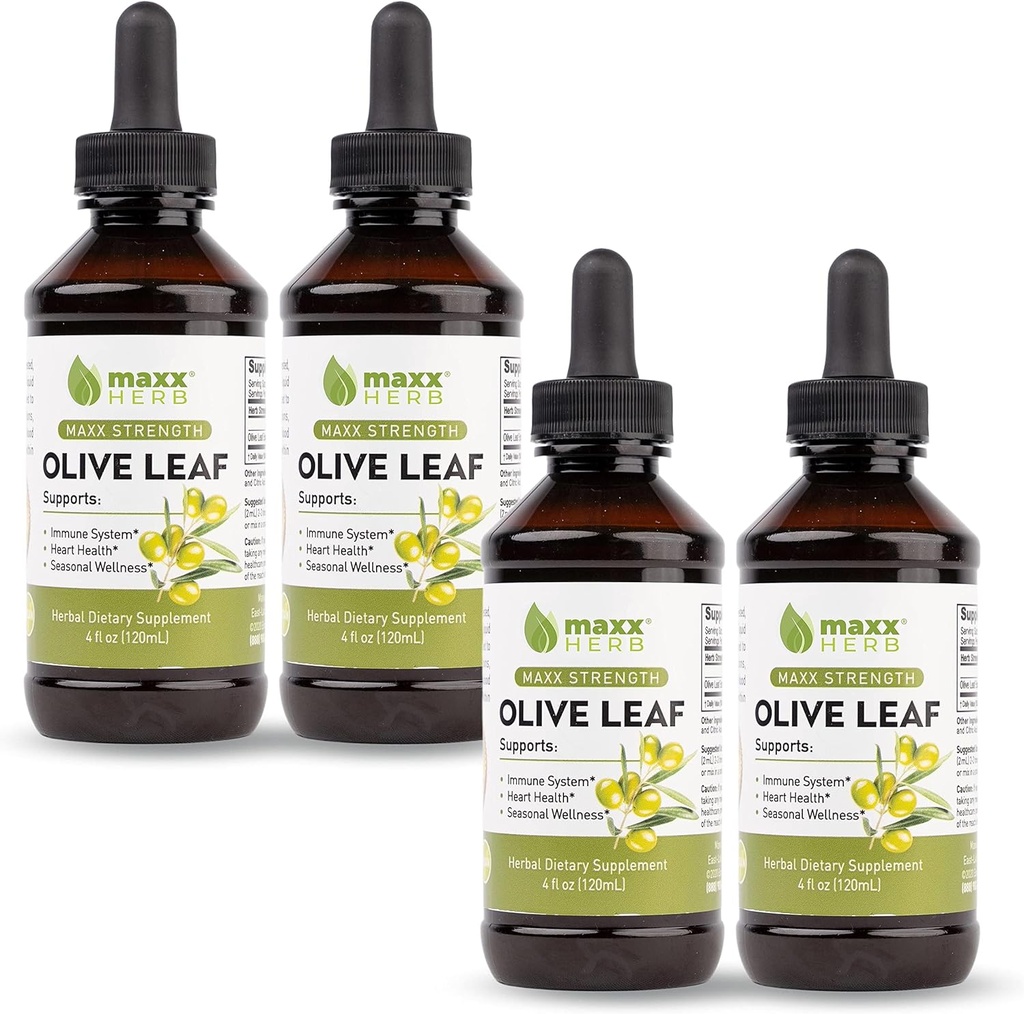 Maxx Herb Olive Leaf Extract - Max Power Oleuropein Cair Absorbs Better Than Capsules or Tea, for Imune Dupport, Heart Health, and Seasonal Wellness - 4 Bottles, 4 Oz Each (240 Servings)
