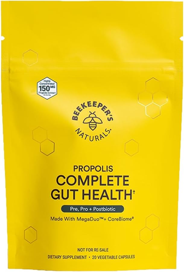Beekeeper 's Complete Gut Health, 3-in- 1 Prebiotic, Postbiotic, Progories for Digetical Health & Bloating Relief for Women & Men, Propolis powered, Gluten- Free Vegan Capsules, 20ct