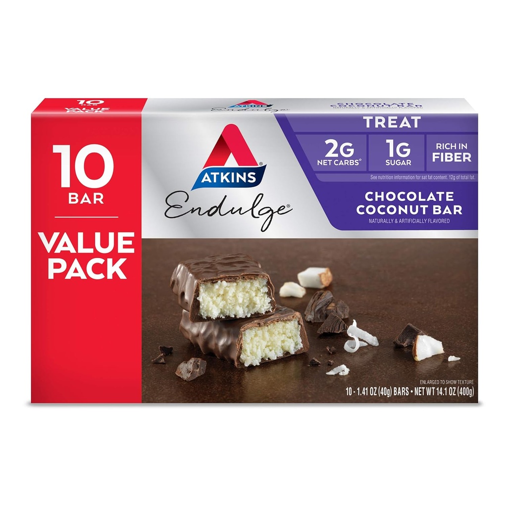 Atkins Endulge Chocolate Coconut Bar, Favorit Dessert, High in Fiber, 1g Sugar, 10 Count