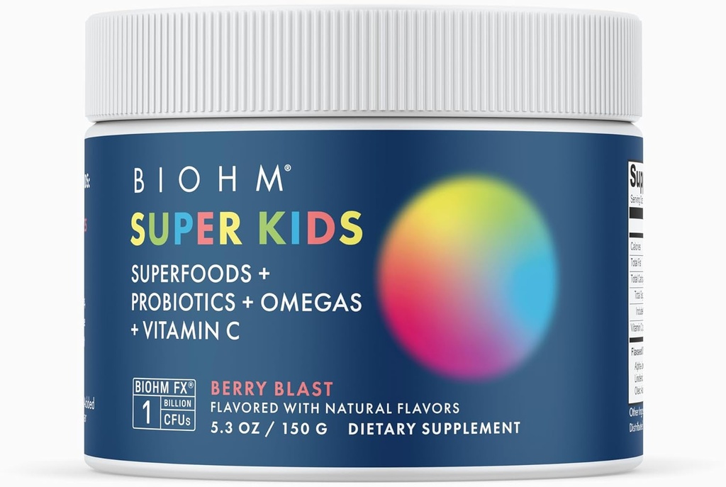 BIOHM Super Kids Superfood Popper Plus Proposer (5.3 Oz, 30 Servings) Delicious Berry Blast, Antioksidants, Omega 3 & Vitamin C, Non-GMO, Dairy Free, No Artificial Ingreations, Vegetarian, Ages 4 +