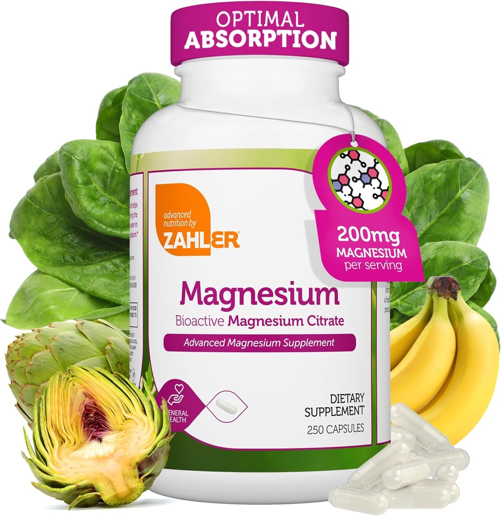 Zahler - Magnesium Supplemen 200 mg (250 Cacah) Tersertifikasi Kosher Bioactive Magnesium Citrate untuk Max Absorpsi