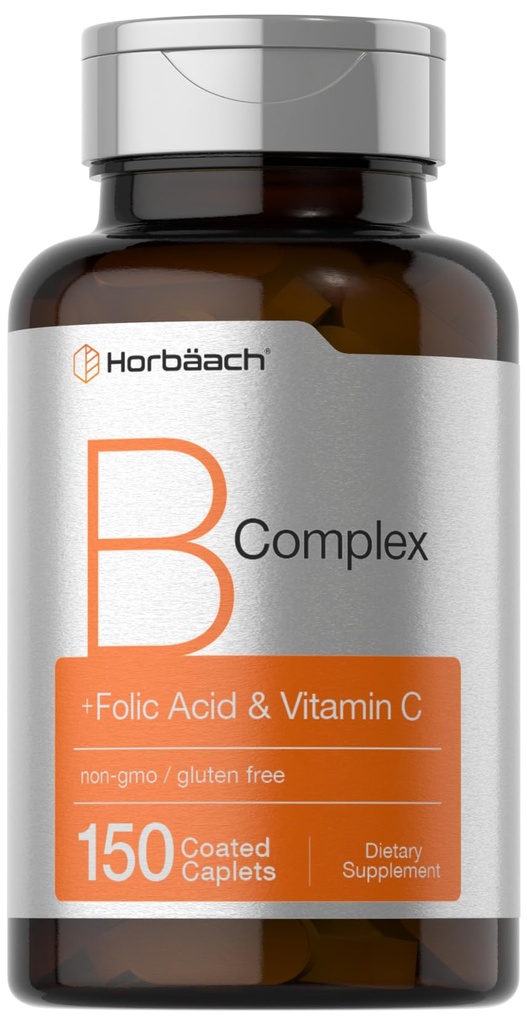 Horbaach B Complex Vitamin for Women and Men 124; 150 Caplets 124; dengan Folic Acid & Vitamin C 124; Non-GMO & Gluten Free Suplemen