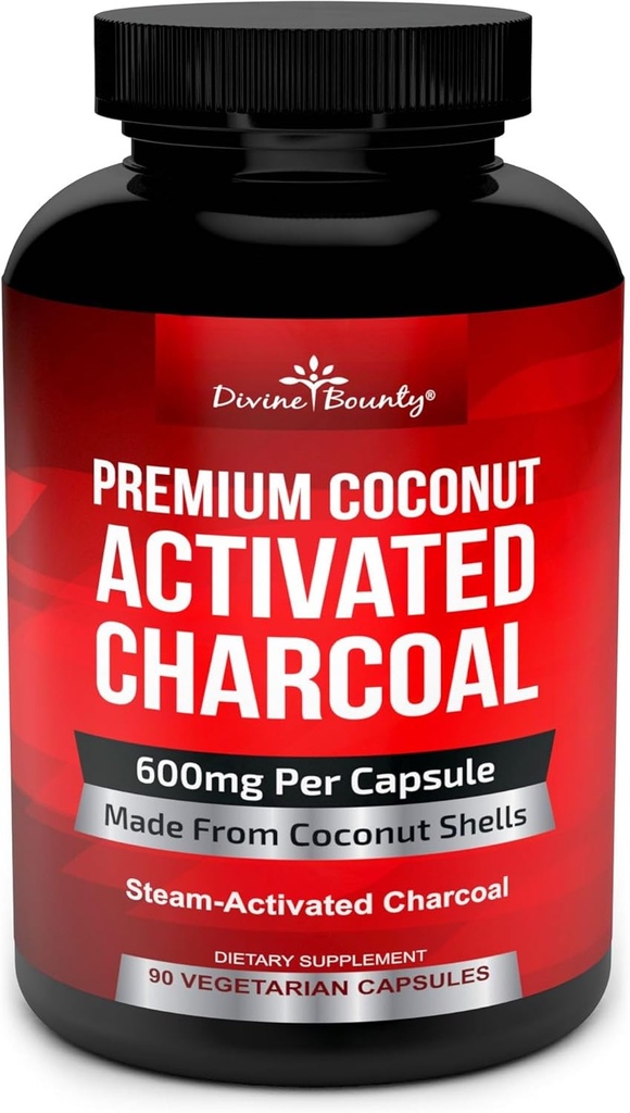 Divine Bounty Organic Activated Charcoal Capsules - 600mg Coconut Pills - 90 Veggie Caps