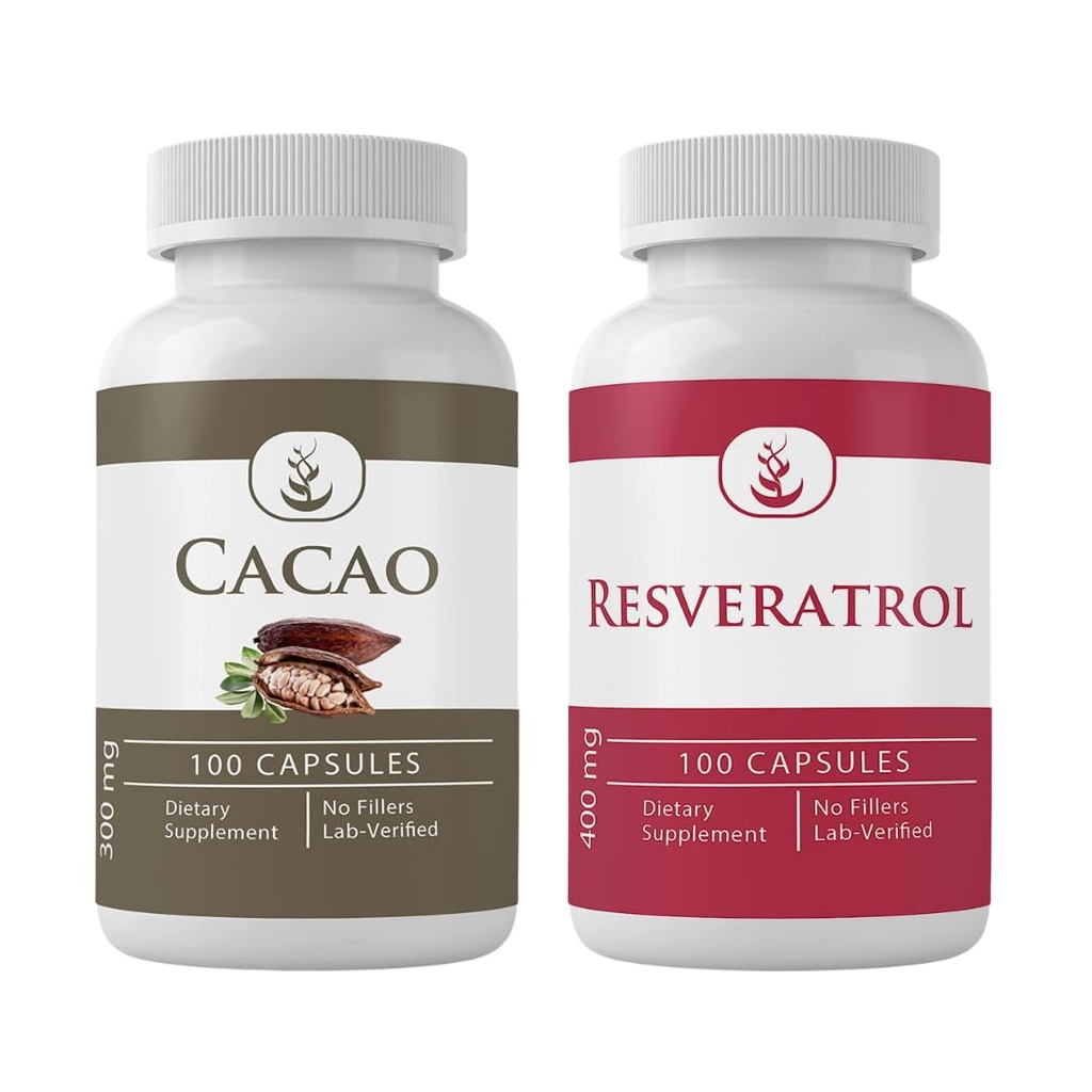 PURE ORIGINAL INGREDIENTS Cacao & Resveratrol Capsule Bundle (100 Kapsul Masing-masing), Tidak Ada Additives atau Fillers, Lab Verified