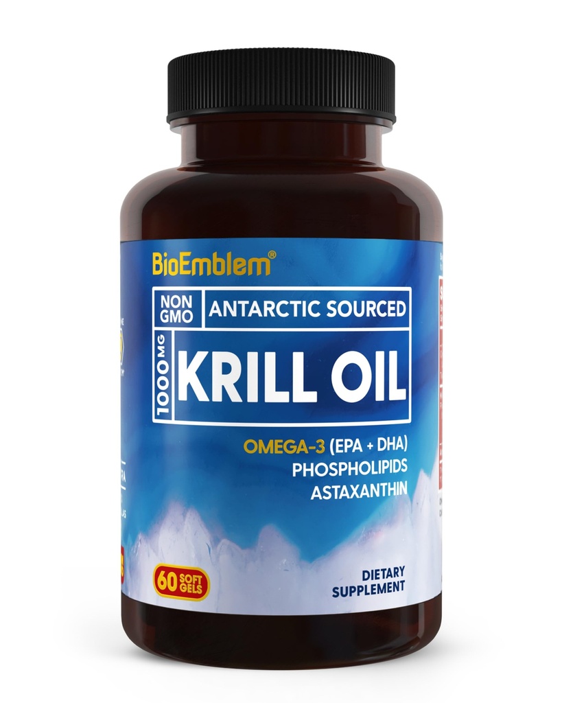 BioEmblem Antarctic Krill Oil Suplemen 124; 10000mg 124; Omega-3 Oil dengan Tingkat Tinggi EPA + DHA, Astaxanthin, dan Phospholipids 124; No Fishy Aftertaste 124; 60- Count NN-GMO Softgels