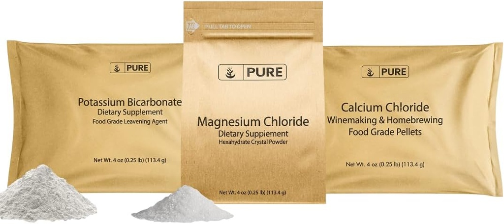 Murni lngrediasi Asli Potasium Bikarbonat, Magnesium Chloride, dan Kalsium Chloride Bundle, 4 oz Masing-masing, Food Safe