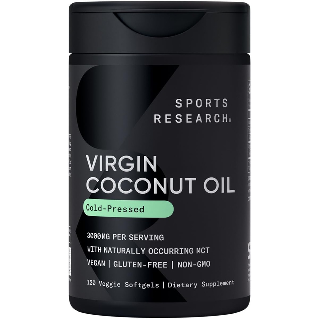 Penelitian Olahraga ® Organic Coconut Oil Capsules 3000MG - Cold Press Ekstra Virgin Coconut Oil dengan Medium Chain Triglycerides (MCT) - Vegan Friendly & Non-GMO Verifikasi - 120 Softgels