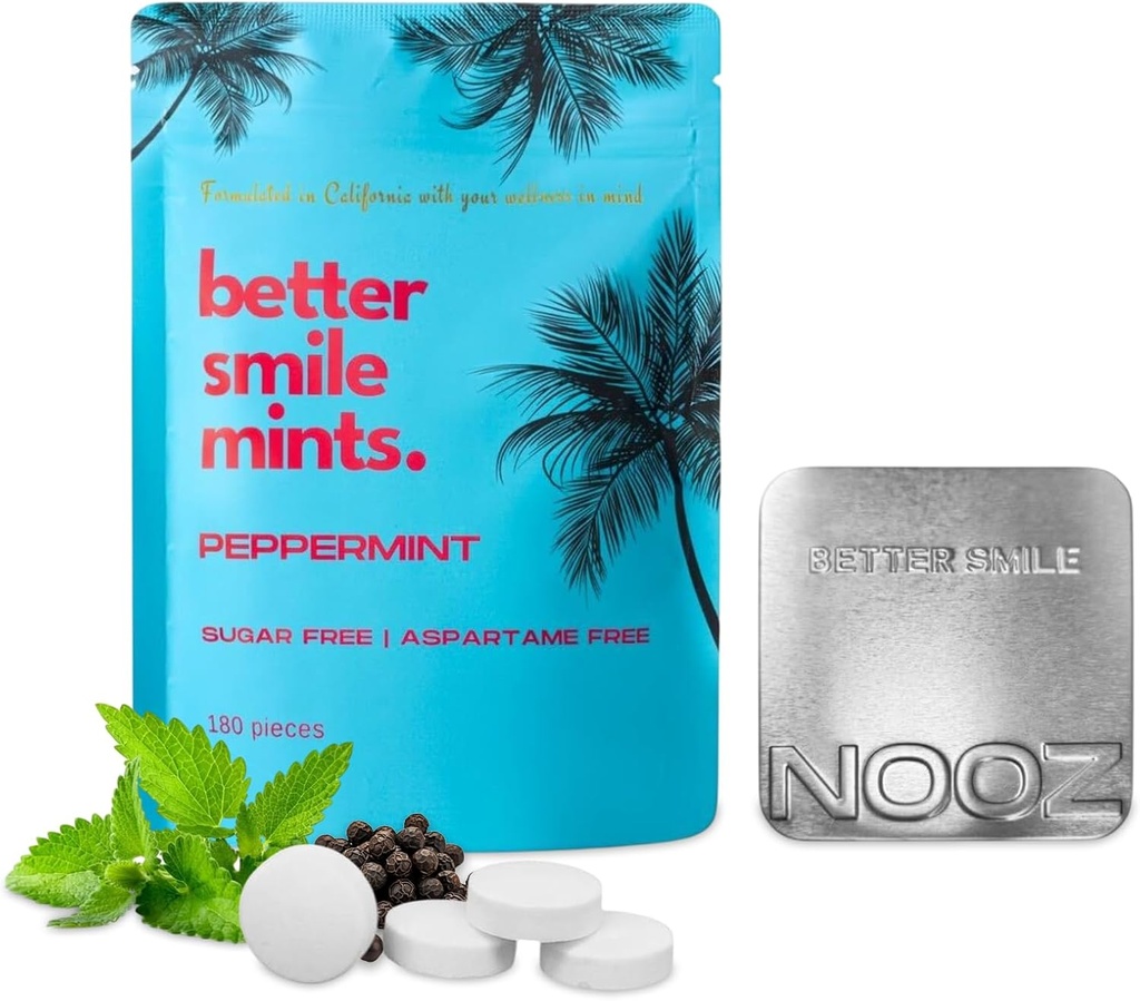 NOOZ Better Smile Mints - 180 Count 124; Oral Health & Fresh Breath Duet & Teeth Care, pH Saldo 124- Free, Aspartame- Free 124; Peppermint Flavor 124; termasuk Premium Refible Tin