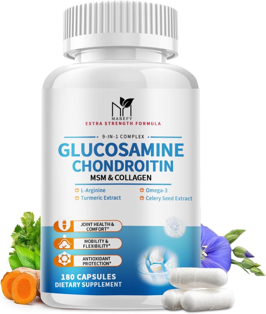 Glucosamin Chondroitin MSM Kapsul, Glucosamin 1500mg dengan Collagen, Turmeric, Suplemen Bersama untuk Pria, 180 Kapsul