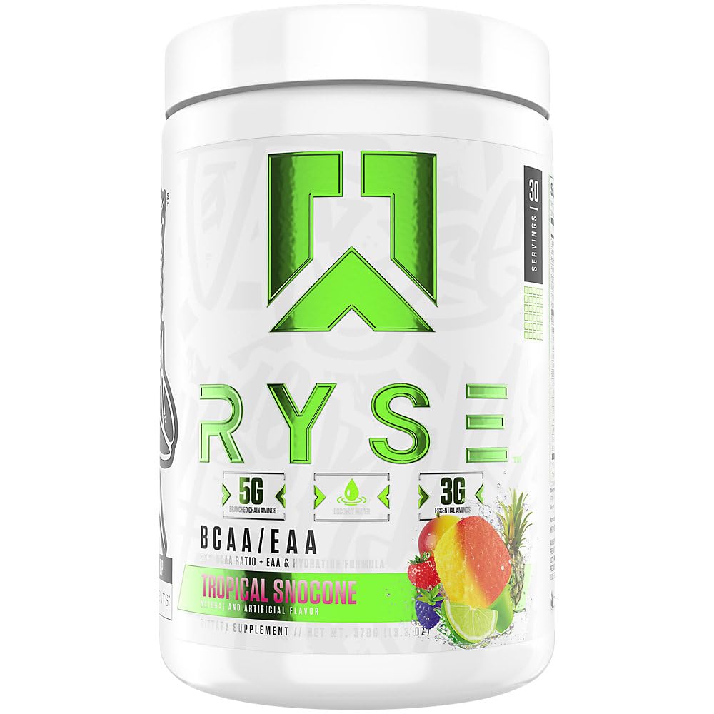 RYSE BCAA EAA Powder - Tropical Snrocone - 5g Branched Chain Acids, 3g Eschever Aminos, Sugar- Free Electrolites for Muscle Recovery, Endurance, Hidration and Power - 30