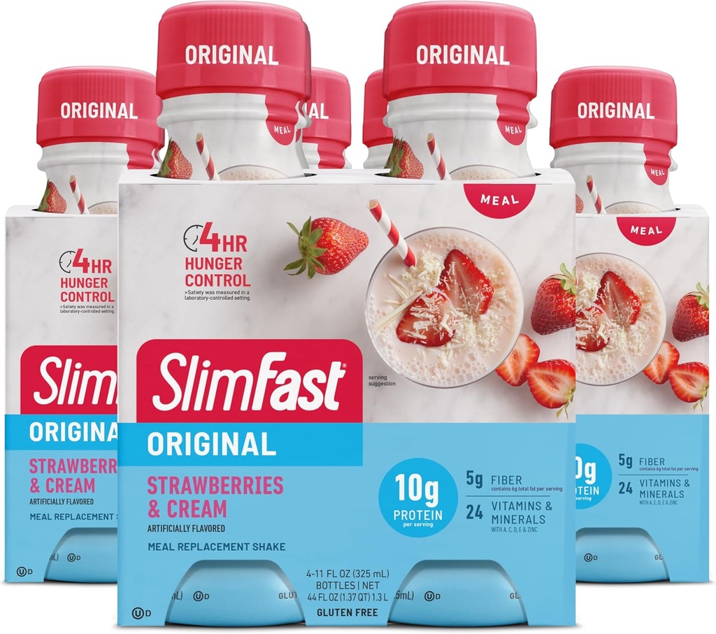 SlimFast Meal Replacement Shake, Strawberry & Cream, 10g of Ready to Drink Protein for Weight Los, 11 Fl. Oz Bottle, 4 Count (Paket 3) (Packaging May Wary)