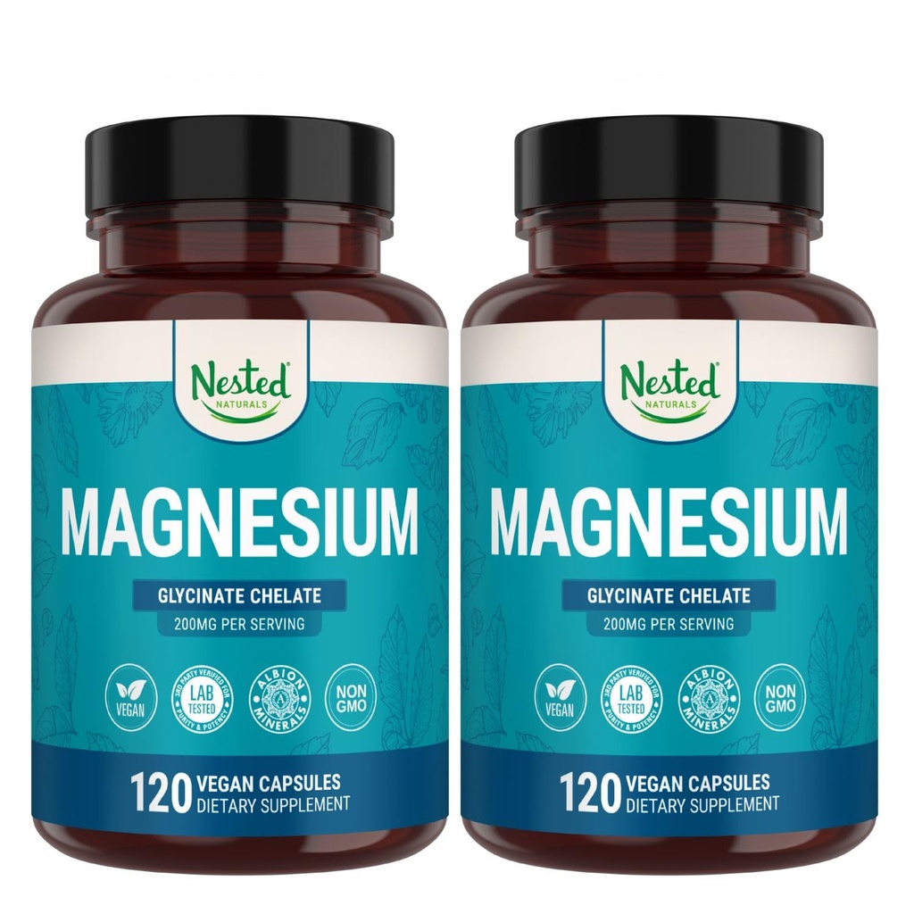 Nest Magnesium Glycinate Chelate - 200mg Chemated Magnesium Suplement for Muscle Cramps, Relaxation, & Slexation - 100% Albion TRACCS Buffered Magnesium Glycinate - 240 Vegan Capsules